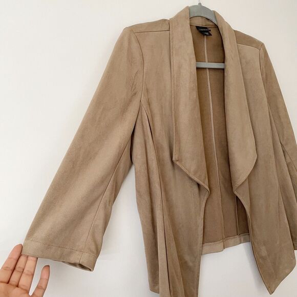 Covington Tan Faux Suede 3/4 Sleeve Open Drape Front Short Cardigan Blazer M - Picture 2 of 9